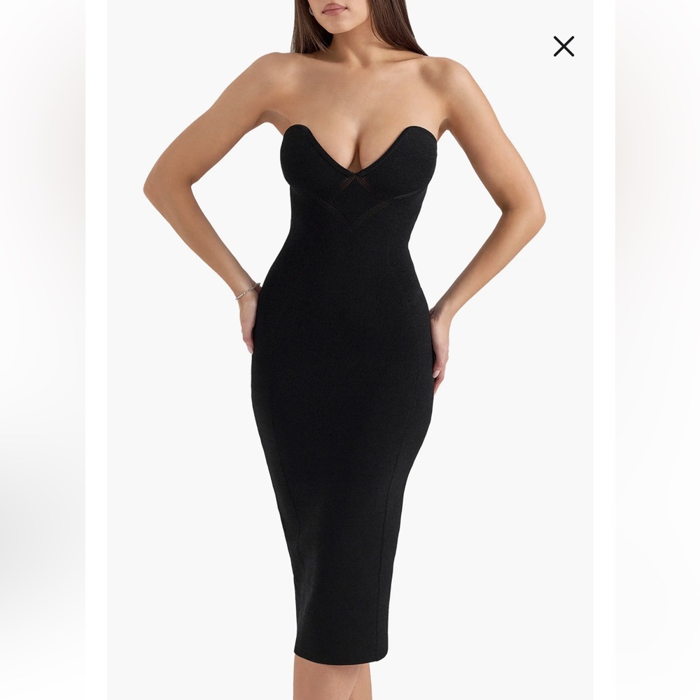 House of CB Magdalena Black Corset Midi Dress Strapless Bodycon Size L